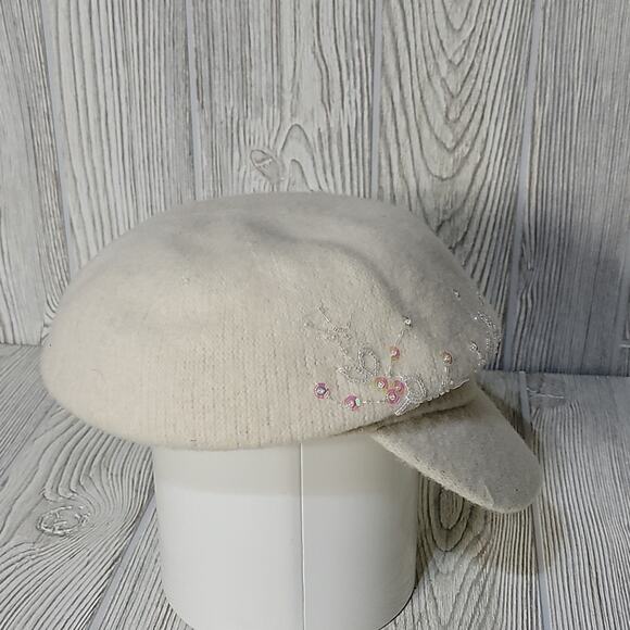 Nine & Co. Ivory Wool Blend Newsboy Cap with Floral Sequin Detail - Picture 3 of 10